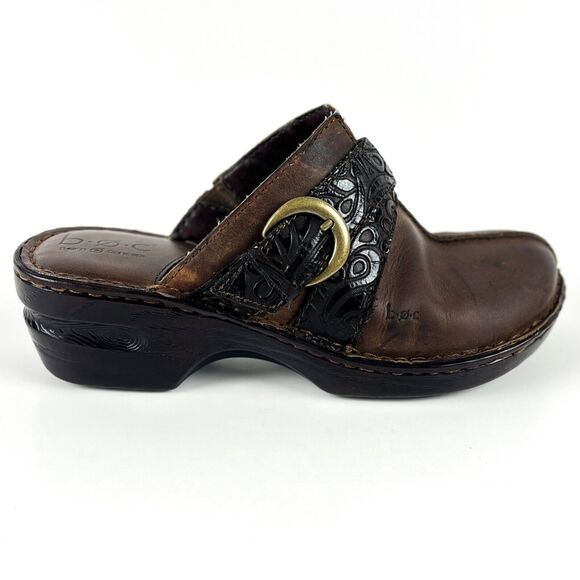 BOC Born Concept Brown Clogs wedge heel brass buckle tooled black straps SZ 8 - Picture 3 of 12